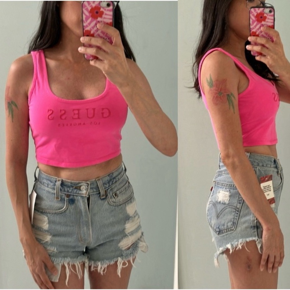 Y2K GUESS Hot Pink Logo Crop Top Small